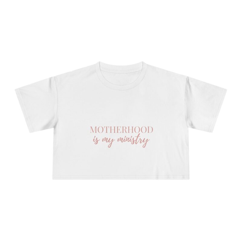 Motherhood is my Ministry Women's Crop Tee, Great Commission Christian Shirt, Pink and White Relaxed Fit, High-Waisted Jeans, Stylish